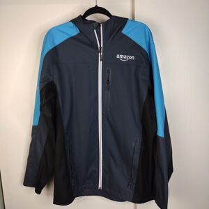 Amazon Prime Rain Shell Jacket Mens Size L Black Blue Hooded Polyester